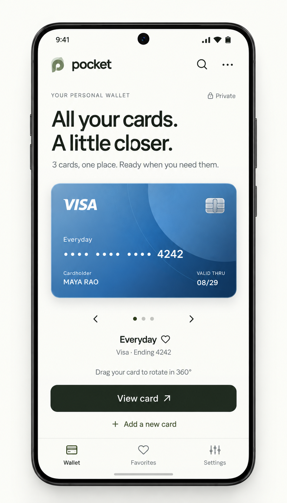 Pocket wallet home screen on an Android phone, showing a blue virtual card